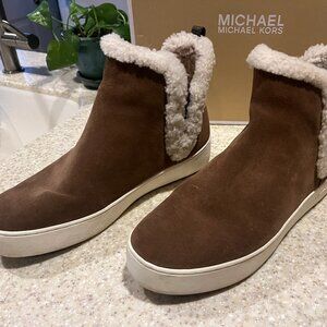 Michael Kors Ashlyn Genuine Shearling Lined Slip On Sneaker, Caramel, Size 9